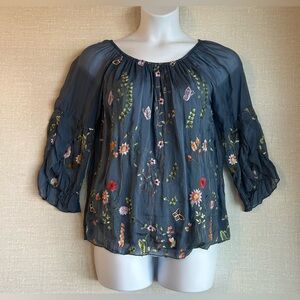 BELLE FRANCE Embroidered 100% Silk Blue Womans Top Size Small Made in Italy